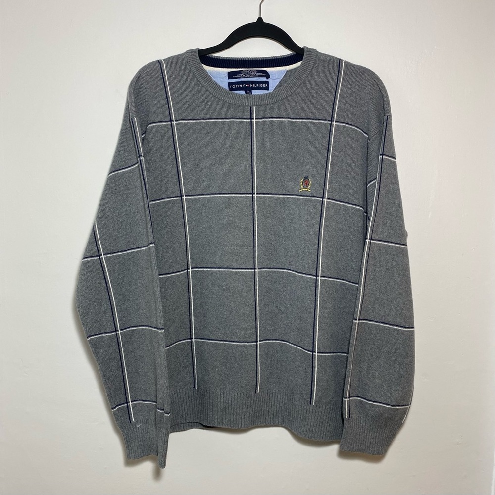 Tommy Hilfiger Mens Chest Logo 100% Cotton Gray Grid Crewneck Sweater Sz XL